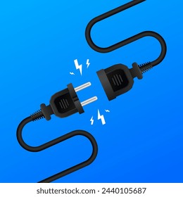 Electric Socket with a Plug. Wire plug and socket. Connection or disconnection electricity. Concept 404 error. Cable of energy disconnect. Vector illustration.