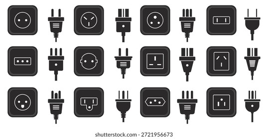 Tipo de enchufe eléctrico iconos negros. Diferentes estándares mundiales de enchufes y enchufes, Europa, Asia o EE. UU., fuentes de energía eléctrica internacionales, colección de siluetas, conjunto aislado de Vector cualitativo