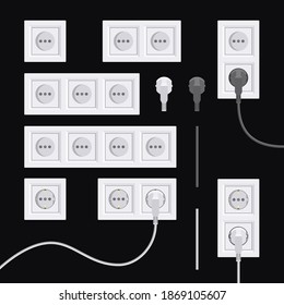 Electric sockets set. European outlets type C and F with plugs. Vector illustration in flat style.