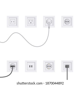 Electric sockets set. Outlets type A, B, C, F and USB with plugs. Vector illustration isolated on a white background in flat style.