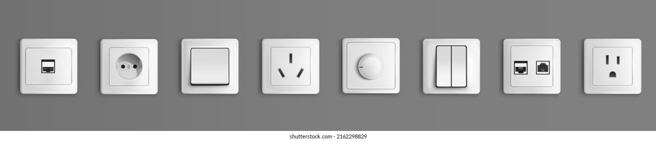 Electric sockets and switches on wall. Vector realistic set of 3d different types toggles and outlet for european and usa plugs, adapter connectors. White plastic house supplies