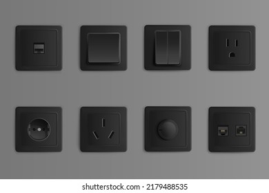 Electric sockets and switches on wall. Vector realistic set of 3d different types toggles and outlet for chinese, european and russian plugs, adapter connectors. Black plastic house supplies