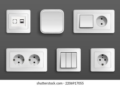 Electric sockets and switches on wall. Vector realistic set of 3d different types toggles and outlet for european and usa plugs, adapter connectors. White plastic house supplies