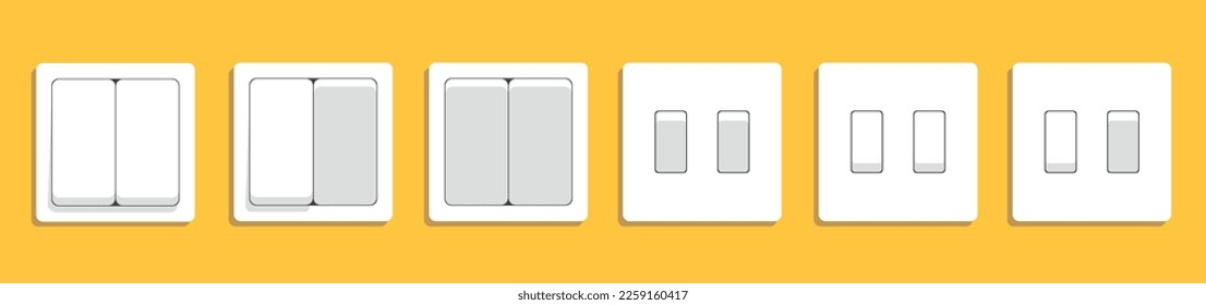 Elektrische Steckdosen und Schalter an der Wand. Vektor-realistisches Set von 3D-Varianten Token und Steckdose für europäische und usa-Stecker, Adapterstecker. Weißes Plastikhaus liefert 10 Pers.