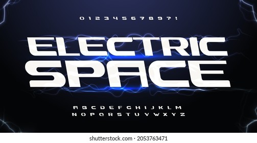 Electric space typeset. Flash lightning font for hud interface letters, VR game, cinema and music cover headline or logo, auto and science typography. Bold italic alphabet, vector typographic design