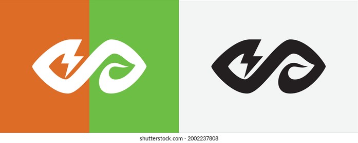 electric spark and green leaf in negative space inside infinite infinity symbol for renewable energy source vector flat icon logo design template