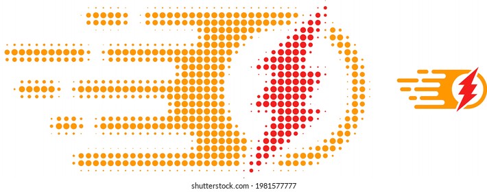 Electric spark halftone dotted icon illustration. Halftone pattern contains circle dots. Vector illustration of electric spark icon on a white background. Flat abstraction for electric spark symbol.