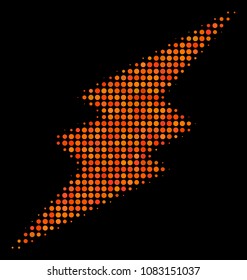 Electric spark halftone vector icon. Illustration style is pixel iconic electric spark symbol on a black background. Halftone texture is created of circle cells.