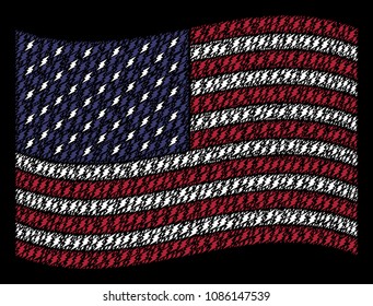 Electric spark pictograms are arranged into waving United States flag stylization on a dark background. Vector collage of America state flag is combined with electric spark elements.