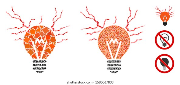 Electric sparks bulb icon composition of abrupt pieces in various sizes and color tones, based on electric sparks bulb icon. Vector unequal pieces are organized into composition.