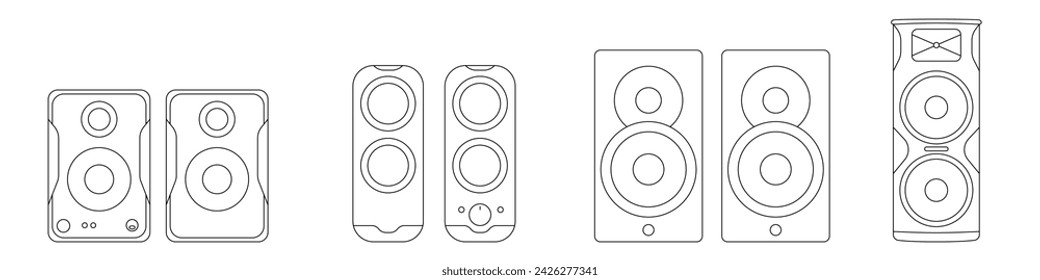 Altavoces eléctricos para cine en casa. Conjunto de iconos lineales vectoriales de altavoces. Conjunto de altavoces de sonido lineal para el hogar o el concierto. Sistemas estéreo y sistemas de audio vectoriales.