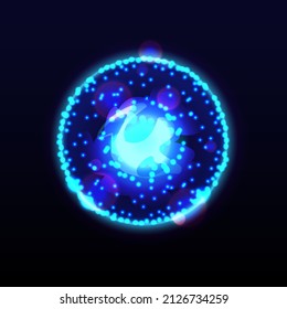 Electric sphere with dot particles, energy ball with plasma and molecules. Vector lightning and sparkling circular object, powerful blast or thunderbolt, explosion neon round element in outer space