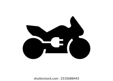 Electric sportbike black icon. Green electrical motorcycle and plug charging station symbol. Eco friendly electro motorbike vehicle sign. Vector battery powered EV transportation eps logotype