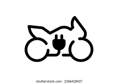 Electric sportbike icon. Black cable electrical motorcycle linear contour and plug charging symbol. Eco friendly electro motorbike vehicle sign. Vector battery powered EV transportation illustration