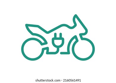 Icono de la bicicleta deportiva eléctrica. Contorno lineal de motocicleta eléctrica de cable verde y símbolo de carga de enchufe. Signo de vehículo de motocicleta electrónico ecológico. Ilustración de transporte EV con batería vectorial