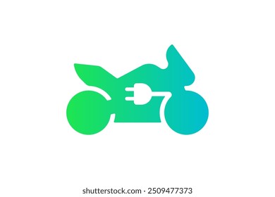 Electric sportbike icon. Green gradient cable electrical motorcycle and plug charging station symbol. Eco friendly electro motorbike vehicle sign. Vector battery powered EV transportation eps logo