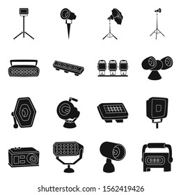Electric spotlight and lamp vector black icon. Set illustration of floodlight and light equipment. Vector set icon of projector spot for photo and movie.