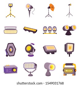 Electric spotlight and lamp vector cartoon icon. Set illustration of floodlight and light equipment. Vector set icon of projector spot for photo and movie.