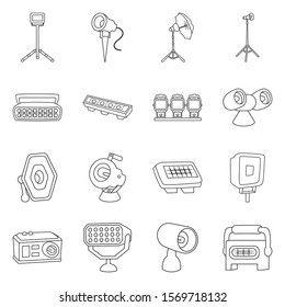 Electric spotlight and lamp vector line icon. Set illustration of floodlight and light equipment. Vector set icon of projector spot for photo and movie.