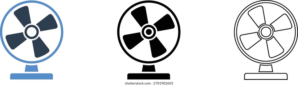 Conjunto de iconos de ventilador de soporte eléctrico, silueta negra colorida y Ilustración vectorial de ventilador de contorno para enfriamiento y diseño de electrodomésticos.