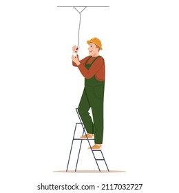 Electric is standing on the ladder screwing the lamp. Vector illustration flat design. Connecting power. Man in uniform at high-altitude work.