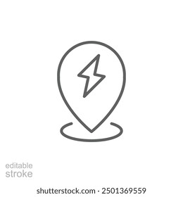 Electric station pin icon. Simple outline style. Map pin with lightning, charge point, station, electric vehicle, technology concept. Thin line symbol. Vector illustration isolated. Editable stroke.