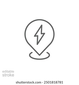 Electric station pin icon. Simple outline style. Map pin with lightning, charge point, station, electric vehicle, technology concept. Thin line symbol. Vector illustration isolated. Editable stroke.