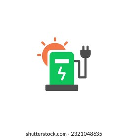Electric station with thunder and sun. Vector solid color icon green and orange with green eco energy theme