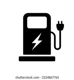 Electric Station for Vehicle Car Silhouette Icon. Charger with Plug for Electrical Power Auto Pictogram. Charge Station for Green Energy Automobile with Lightning Icon. Isolated Vector Illustration.