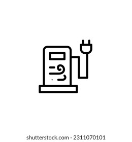 Estación eléctrica con aire eólico. Icono de línea de vector blanco y negro con tema de energía ecológica verde