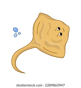 electric Stingray cartoon vector illustration beige color with air bubble. Isolated Ocean dweller. Elements for icon, cover, print, book illustration, poster, card, web element, card for children.