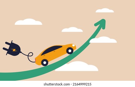 El coche de las acciones eléctricas y el ev aumentan los ingresos. Concepto de ilustración vectorial de la gráfica del mercado de la energía para vehículos de beneficio y medio ambiente. La recarga de la tecnología ambiental y la inversión en energía solar renovable.