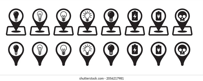 Juego de iconos de la clavija de asignación de almacén eléctrico. Juego de iconos de marcadores de mapa de posición de la lámpara. Marca de posición de la estación de carga de la batería.