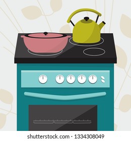 Electric stove with dishes in the kitchen. Vector illustration. 