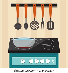 Electric stove with dishes in the kitchen. Vector illustration. 
