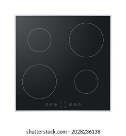 Electric Stove Induction Cooktop With Four Power Boost Burners. Domestic Equipment. Realistic Smooth Surface Ceramic Black Glass. Electric Hob. Top View. Home Appliance. Vector Illustration