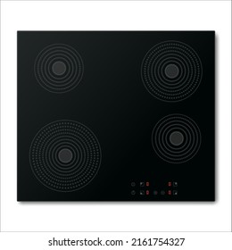 Electric stove induction cooktop with four power boost burners. Domestic equipment. Realistic smooth surface ceramic black glass. Electric hob. Top view. Home appliance. Vector illustration