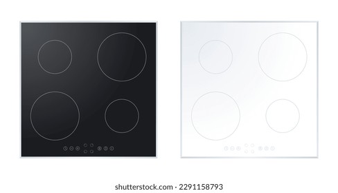 Electric stove induction cooktop with four power boost burners set. Domestic equipment. Realistic smooth surface ceramic with black and white glass. Electric hob. Top view. Home appliance. Vector