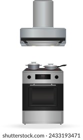 Electric stove and steam exhaust ventilation. Pot and pan on a hot stove. Electric oven. Objects are isolated on a white background.