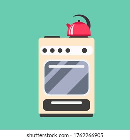 Electric stove with teakettle in flat style. Vector illustration isolated on green background 