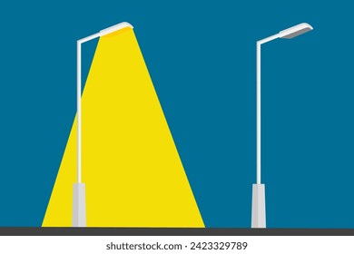 Los postes eléctricos de luz de las calles brillan con luz amarilla y luces de calle rotas por la noche. Ilustración vectorial aislada en fondo azul.