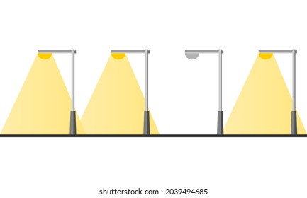 Electric streetlight bulb poles illuminated yellow light with broken worn-out streetlight pole power outage on white background flat vector icon.