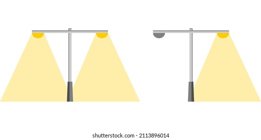 Electric streetlight bulb poles illuminated yellow light with broken worn-out streetlight pole power outage on white background flat vector icon design.