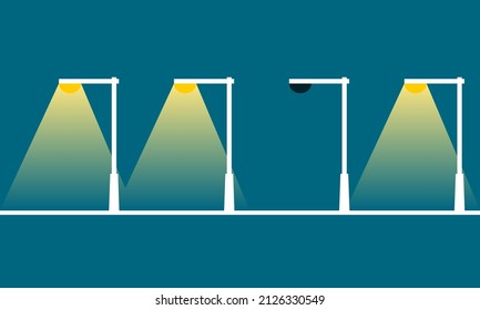 Electric streetlight bulb poles illuminated yellow light with broken worn-out streetlight pole power outage on dark blue background flat vector icon design.