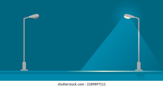 Electric streetlight bulb poles illuminated light with broken worn-out streetlight pole power outage in night on dark blue background flat vector icon design.