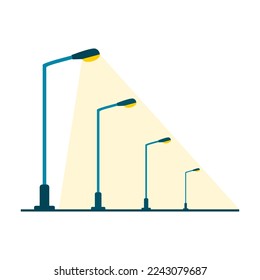 Electric streetlight lamp pole illumination at night time on roadside on white background flat icon vector design.