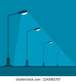 Electric streetlight lamp pole illumination at night time on roadside on dark blue background flat icon vector design.