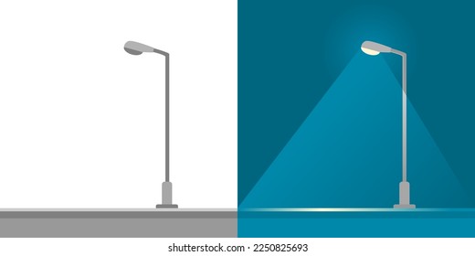 Electric streetlight lamp pole open close at day and night time on white blue background flat icon vector.