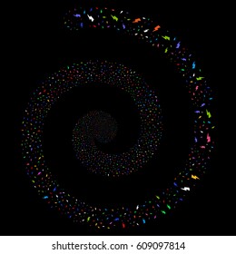 Electric Strike burst whirl spiral. Vector bright multicolored random symbols.