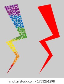 Electric strike collage icon of circle spots in various sizes and spectrum colored color tinges. A dotted LGBT-colored Electric strike for lesbians, gays, bisexuals, and transgenders.